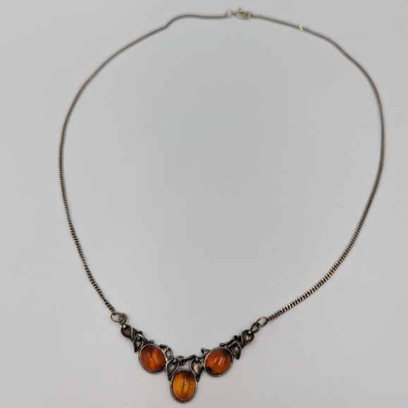 Elegant Cogniak Color Baltic Amber Sterling 925 Art Nouveau Style Necklace 20" - Picture 2 of 10